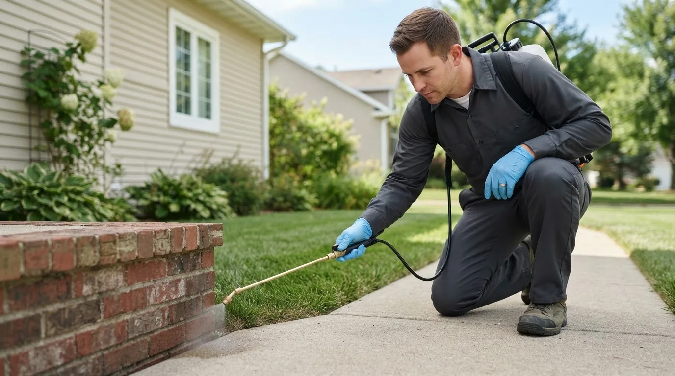 Pest control technician treating a home near Weehawken, NJ